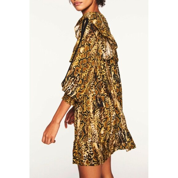 ba&sh Womens SYM Dress Ochre Snake Print Ruffle Swing Smocked Cuffs size 10 - Picture 5 of 16